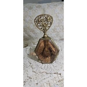 Vintage 3 Panel Beveled Amber Glass Ormolu Gold Filigree Perfume Bottle 8.5"